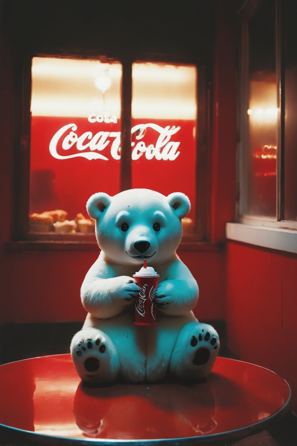 a lonely and depressed little cute polar bear baby  is eating , hamburger and fries,Coca-Cola on the table,window , Dining room, in New York in1990s,Outside the window is a street view,photographed by Miles Aldridge,white and red,full body,super wide angle,side view,