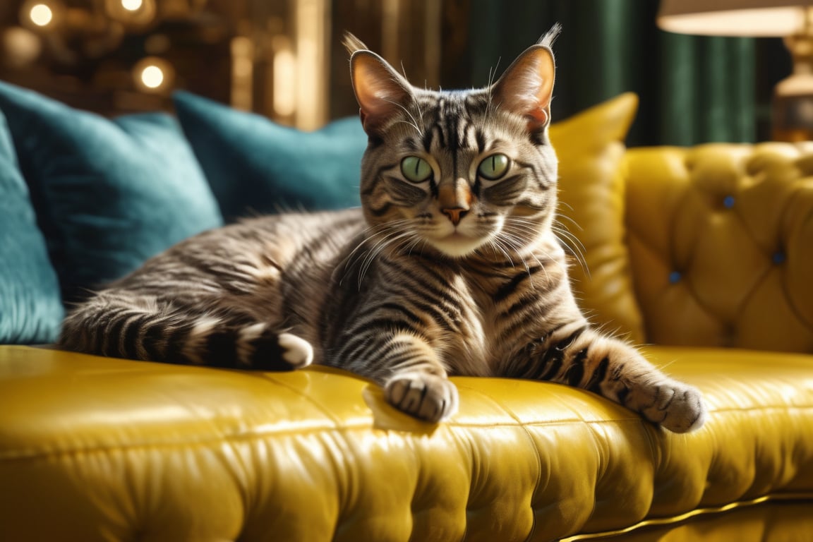 Ultra-realistic depiction of a single cat, elongated on a luxurious yellow leather sofa, with glistening skin and piercing blue eyes. The camera zooms in on the feline's tranquil form, showcasing its tigrated dark green hair and stylish glasses. The soft, even lighting accentuates the cat's serene expression, as if lost in thought amidst the plush surroundings. Masterpiece-quality rendering of a solitary cat, exuding elegance and sophistication.