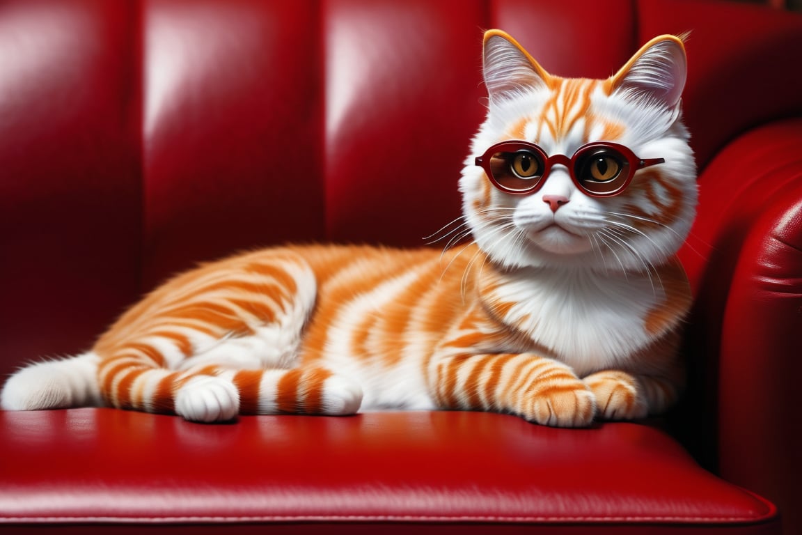 Ultra-realistic depiction of a single cat, elongated on a luxurious red leather sofa, with glistening skin and piercing brown eyes. The camera zooms in on the feline's tranquil form, showcasing its tigrated dark red hair and stylish glasses. The soft, even lighting accentuates the cat's serene expression, as if lost in thought amidst the plush surroundings. Masterpiece-quality rendering of a solitary cat, exuding elegance and sophistication.