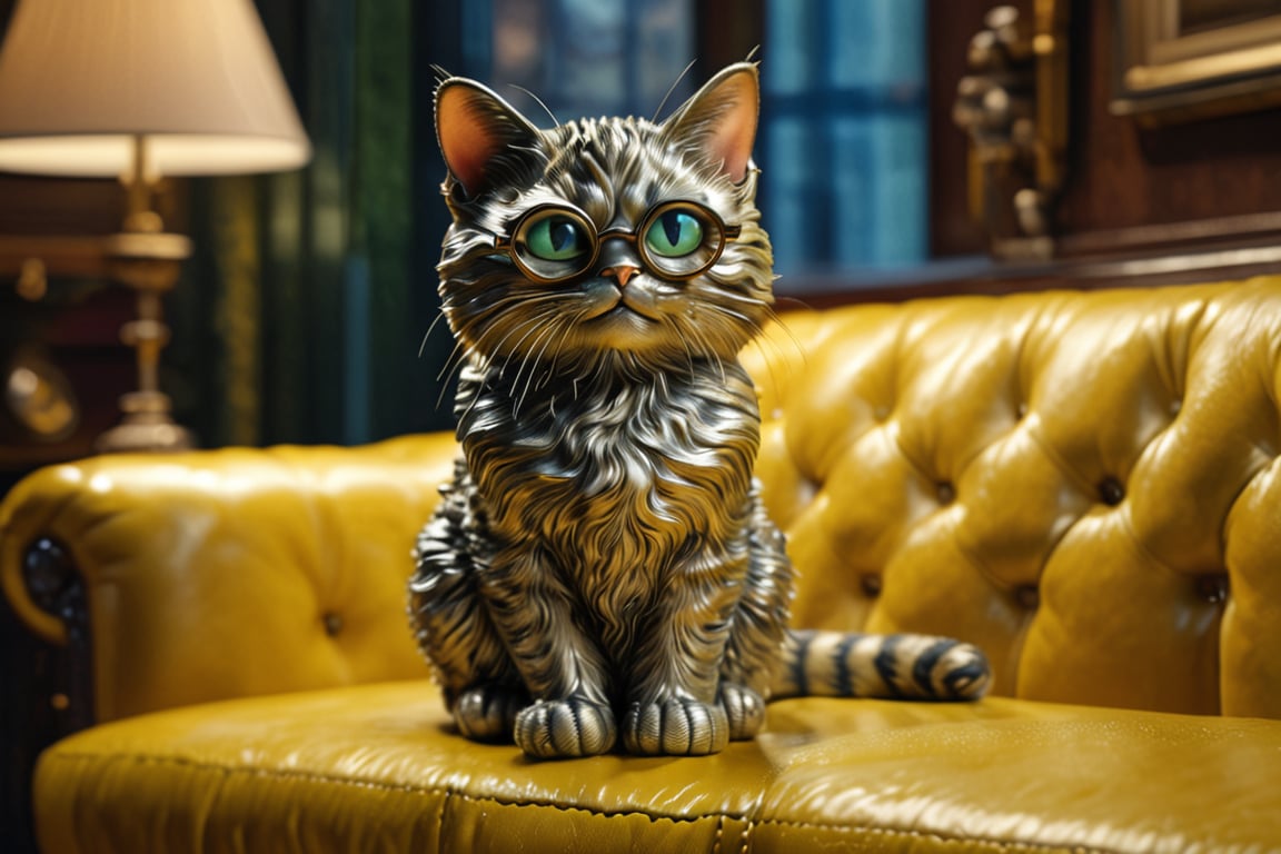 Ultra-realistic depiction of a single cat, elongated on a luxurious yellow leather sofa, with glistening skin and piercing blue eyes. The camera zooms in on the feline's tranquil form, showcasing its tigrated dark green hair and stylish glasses. The soft, even lighting accentuates the cat's serene expression, as if lost in thought amidst the plush surroundings. Masterpiece-quality rendering of a solitary cat, exuding elegance and sophistication.