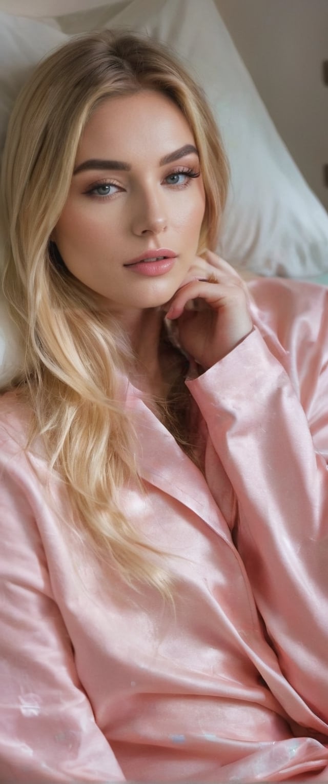 A girl with long, straight blond hair covering her face, lying in a hospital bed, on her back, sleeping, wearing powder pink pajamas, lips painted with delicate lip gloss, beautiful face, small straight graceful nose, blue eyes, pink on her cheeks  , it's sad, there's a big window in the background