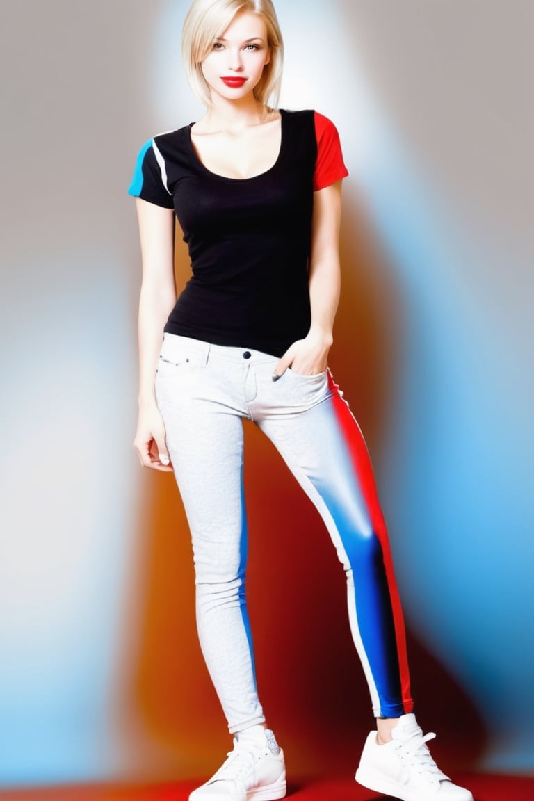 Long Legged female.
Head: Light blond and brown hair.
she has a smirk on her face and the most beautiful lips. her lips are light red.
Body perfect c cups breasts.
Body slender but not fat.
wearing a black t shirt and light blue and white pants.
the has short white shocks and white sneakers with blue stripe on.
