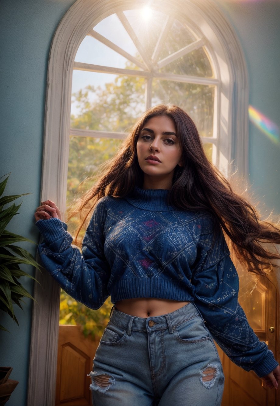 Lovely cute young attractive Nepali  girl, 25 years old, cute, Instagram model, long black_hair, colorful hair,  They are wearing a white, patterned sweater and blue jeans. The background is bright, with sunlight streaming in through windows or open doors. Nepali ,Girl