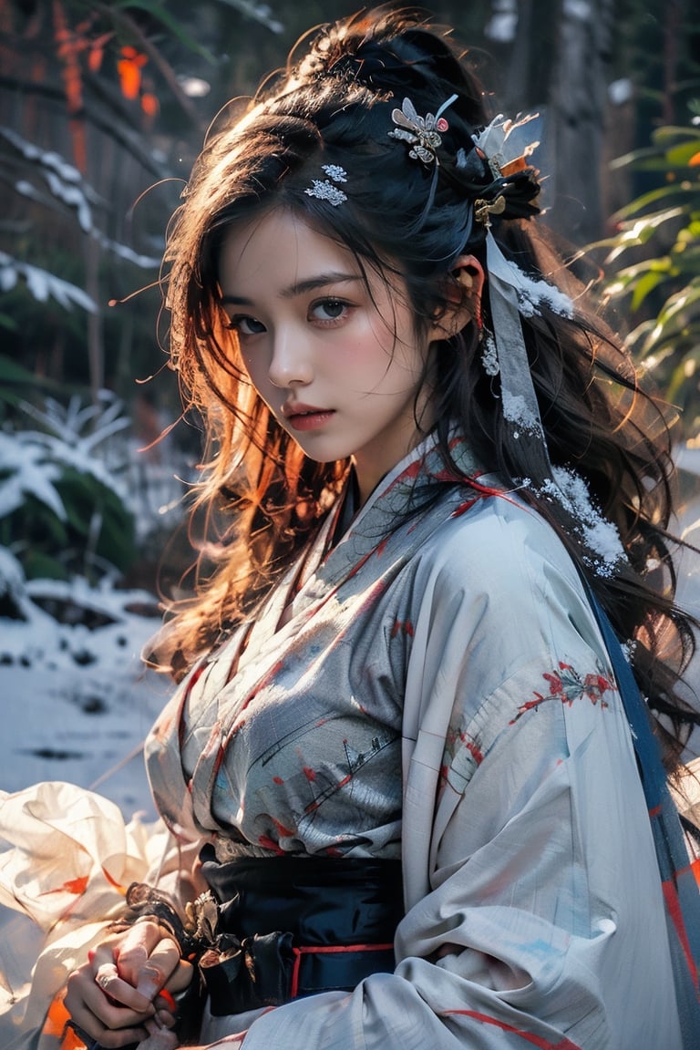 1girl,Sweet,Kawaii,Looks at viewerlarge breasts,The background is winter,snowy garden, Female Samurai, Holding a Japanese Sword, shining bracelet,beautiful hanfu, beautiful and detailed eyes}, calm expression, natural and soft light, delicate facial features,Best Quality, photorealistic, ultra-detailed, finely detailed, high resolution, perfect dynamic composition, beautiful detailed eyes, Japanese Samurai Sword (Katana),BJ_Oil_painting