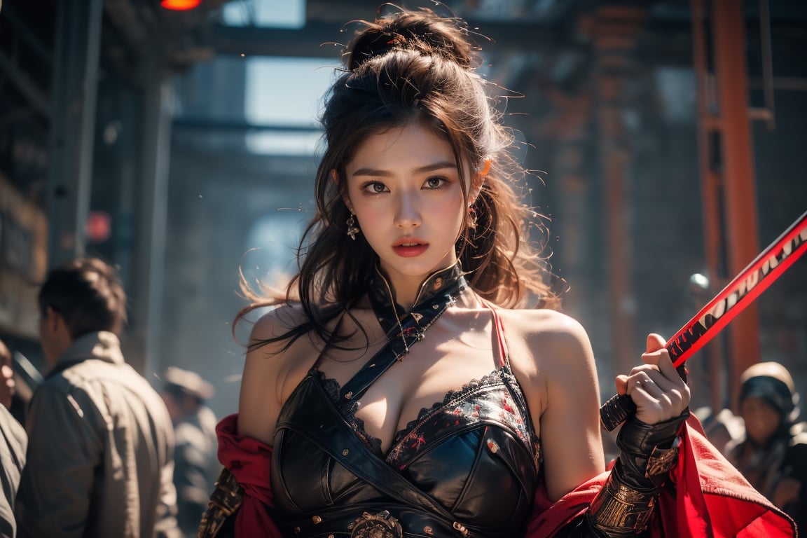 1girl, sweet, big breasts, snowy background, cafe, sexy female warrior, holding katana, shiny bracelet, sexy warrior uniform (white, transparent), cloak, solo, {beautiful and delicate eyes}, calm expression, natural and soft light, delicate features, very small earrings, charming figure, (neon hair: 1.2), honeycomb shape, very long hair, hair above the hips, curly hair, fine lines, authentic craftsmanship, masterpiece, best quality , realistic, super detailed, fine, high resolution, perfect dynamic composition, beautiful detailed eyes, eyes smile, (angry expression: 1.4), sharp focus, full body, (attack pose: 1.4), cowboy shooting, warrior girl , glowing forehead, lights, bare neck, bare shoulders, six-pack abs,