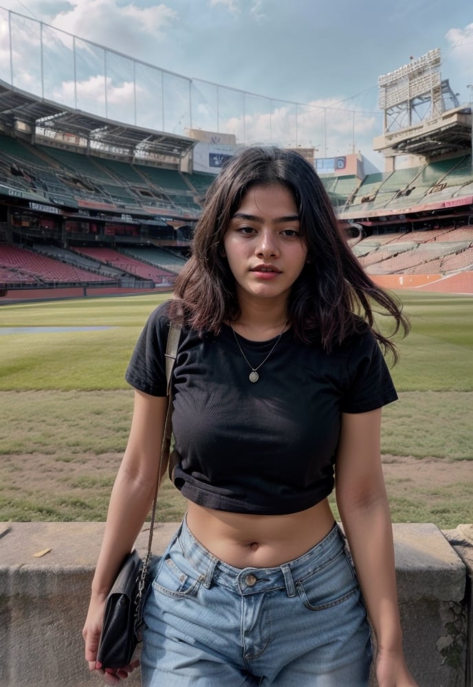 Lovely cute young attractive indian  girl, 21 years old, ultra realistic,cute, long black_hair, ,  They are wearing a T-shirt and jeans, and simple chain. The background near cricket stadium , a stadium background and tickets , Indian , Girl,Indian girl,photorealistic, taken with a canon Eos R5 and 85mm lens,b3rli