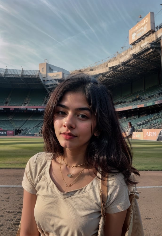 Lovely cute young attractive indian  girl, 21 years old, ultra realistic,cute, long black_hair, ,  They are wearing a T-shirt, and simple gold chain. The background near cricket stadium , a stadium background and tickets , Indian , Girl,Indian girl,photorealistic, taken with a canon Eos R5 and 85mm lens,b3rli