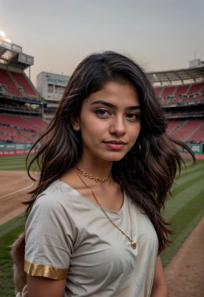 Lovely cute young attractive indian  girl, 21 years old, ultra realistic,cute, long black_hair, ,  They are wearing a T-shirt, and simple gold chain. The background near cricket stadium , a stadium background and tickets , Indian , Girl,Indian girl,photorealistic, taken with a canon Eos R5 and 85mm lens