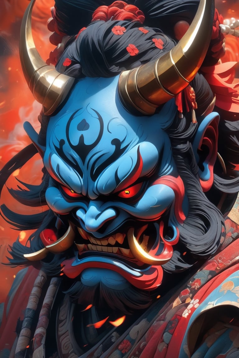  a nightmarish appearance of the evil ((mask) ), Japanese Oni culture , portrait view, highly detailed, 8k, Hyperrealistic, splash art, concept art, mid shot, intricately detailed, color depth, dramatic, 2/3 face angle, side light, colorful background,LegendDarkFantasy,oni style