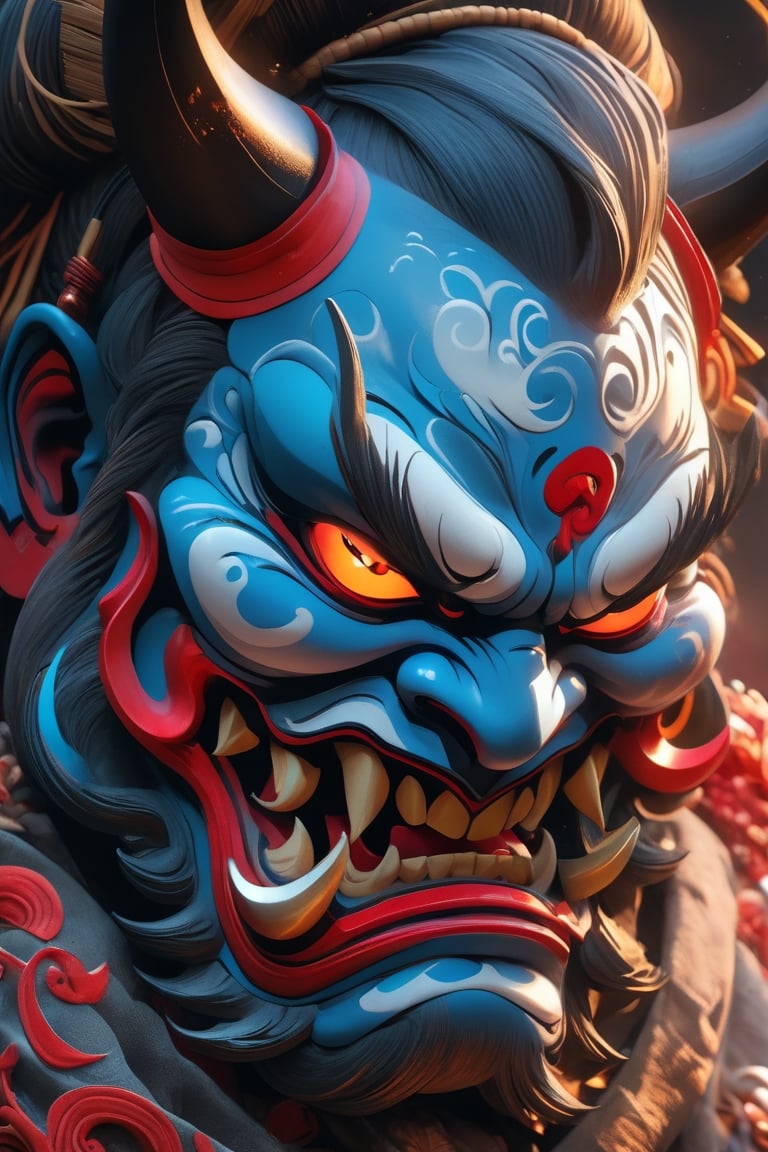  a nightmarish appearance of the evil ((mask) ), Japanese Oni culture , portrait view, highly detailed, 8k, Hyperrealistic, splash art, concept art, mid shot, intricately detailed, color depth, dramatic, 2/3 face angle, side light, colorful background,LegendDarkFantasy,oni style