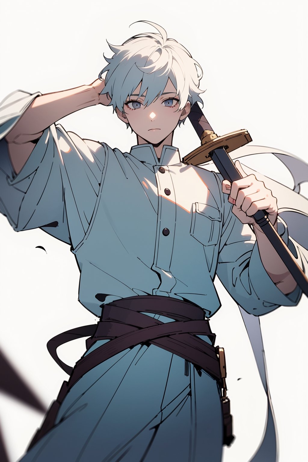 Highly detailed, high quality, masterpiece, beautiful (Full Shot ), A boy(White eyes, white teas, white hair, a 15-year-old)carrying a giant sword with both hands above his head
white
serius