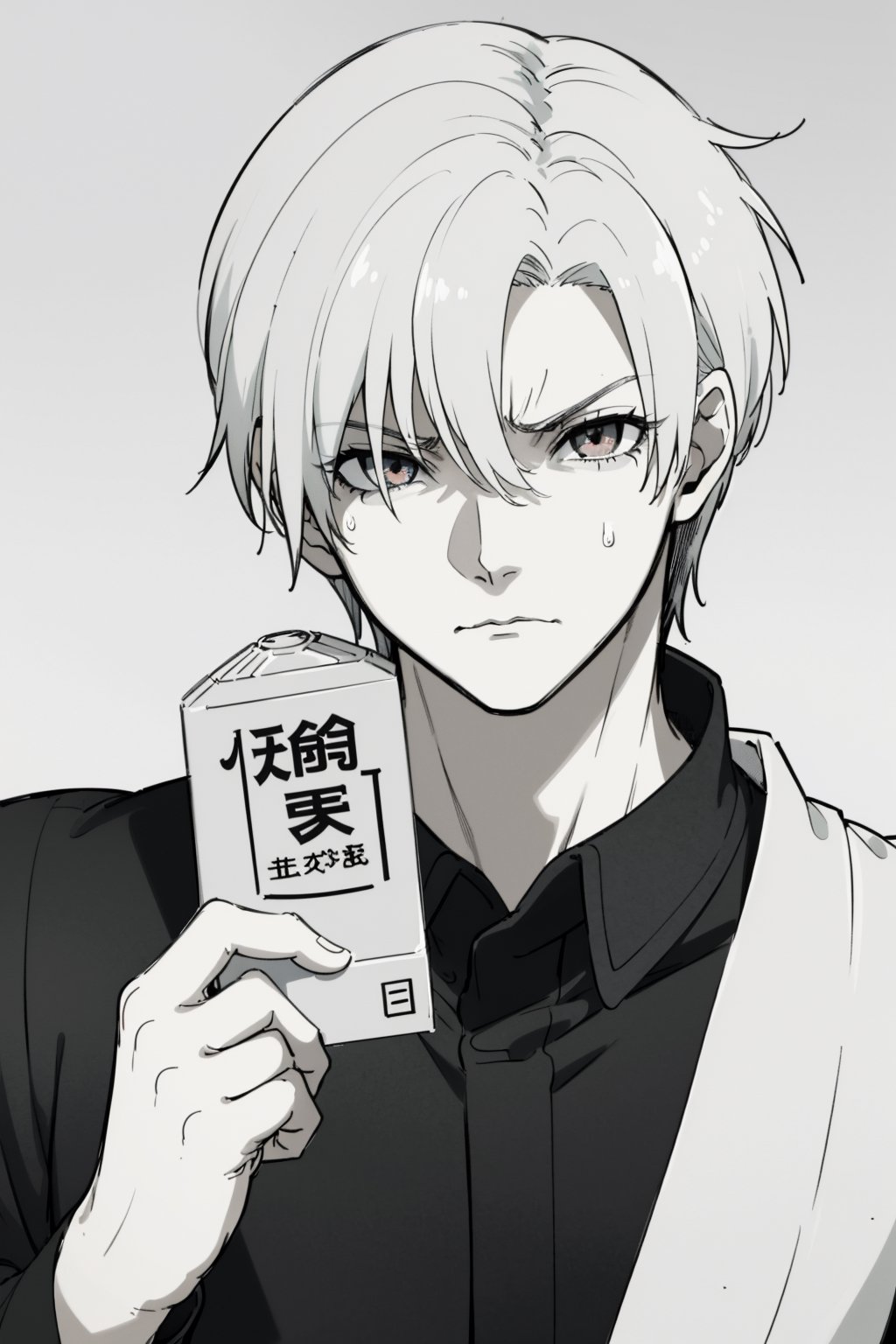 Highly detailed, high quality, masterpiece, beautiful (medium long shot), A boy(White eyes, white teas, white hair, a 15-year-old Extremely upset, his eyes show his tiredness in dark circles)
white