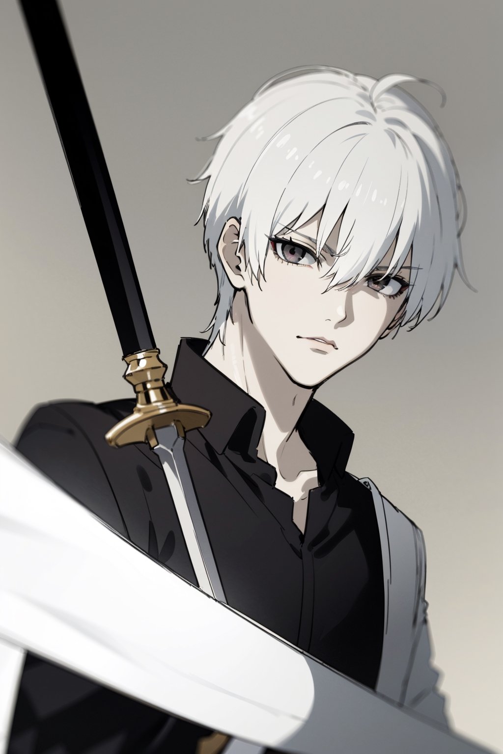 Highly detailed, high quality, masterpiece, beautiful (Full Shot ), A boy(White eyes, white teas, white hair, a 15-year-old serious) An ash-red double-edged sword
white