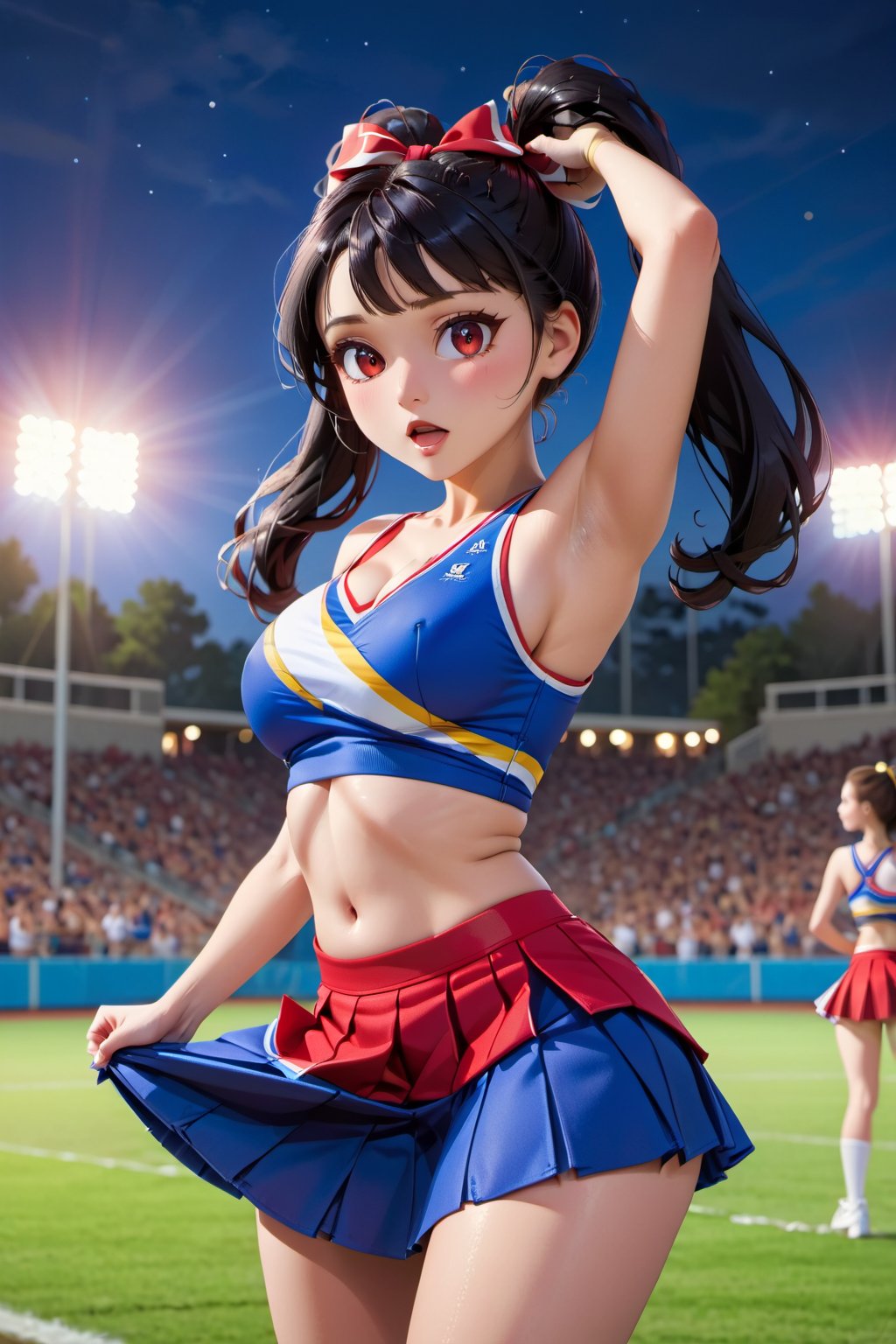 Masterpiece, photorealistic, ultra-detailed, ultra high definition, 8k, best quality, cinematic, picture of 1girl, Brazilian, beautiful face  long black hair, pigtails, ribbons in her hair, extremely large perky breasts, cleavage, thin waist, perfect ass, wearing a red and blue cheerleader outfit, short skirt, dynamic pose, (((skirt lift exposing red sexy underwear))), cameltoe, cheering on a sports field, Friday night, bright stadium lights, detailed background,  stadium,(pleated skirt, shoes, sleeveless,pom pom \(cheerleading\),jyojifuku,Expressiveh,source_anime,flawless,score_9,score_8_up,score_7_up,nipples,beautiful eyes,concept art