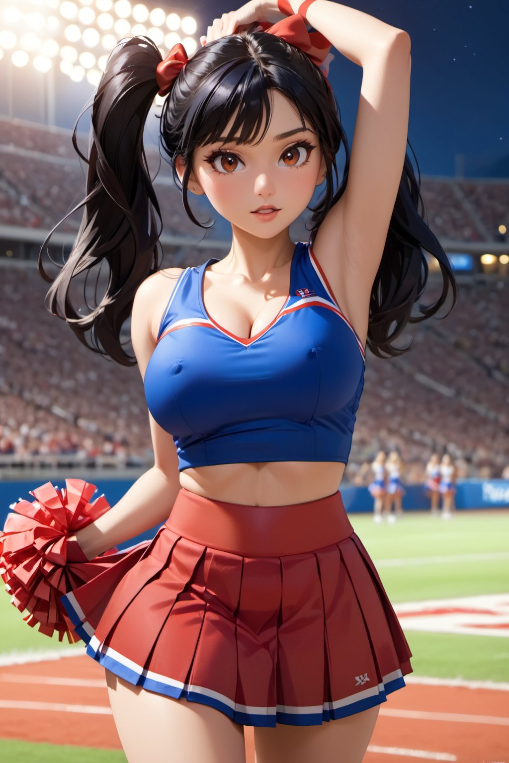 Masterpiece, photorealistic, ultra-detailed, ultra high definition, 8k, best quality, cinematic, picture of 1girl, Brazilian, beautiful face  long black hair, pigtails, ribbons in her hair, extremely large perky breasts, big cleavage, thin waist, perfect ass, wearing a red and blue cheerleader outfit, short skirt, dynamic pose, (((skirt lift exposing red sexy underwear))), cameltoe, cheering on a sports field, Friday night, bright stadium lights, detailed background,  stadium,(pleated skirt, shoes, sleeveless,pom pom \(cheerleading\),jyojifuku,Expressiveh,source_anime,flawless,score_9,score_8_up,score_7_up,nipples,beautiful eyes,concept art, assistef shirt lift, exposing breasts,nude