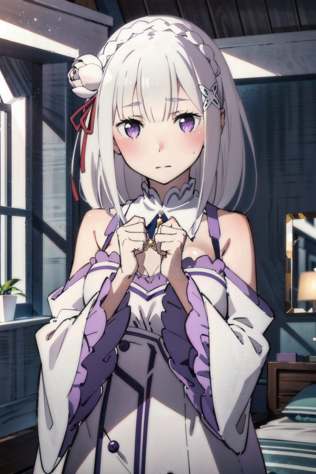 1girl, blushing, looking_at_viewer, bedroom:1.5, white hair, purple eyes, long hair, hair flower, x hair ornament, hair ribbon, white dress, detached collar, wide sleeves, white thighighs, eft_rezero_emilia, good_hands