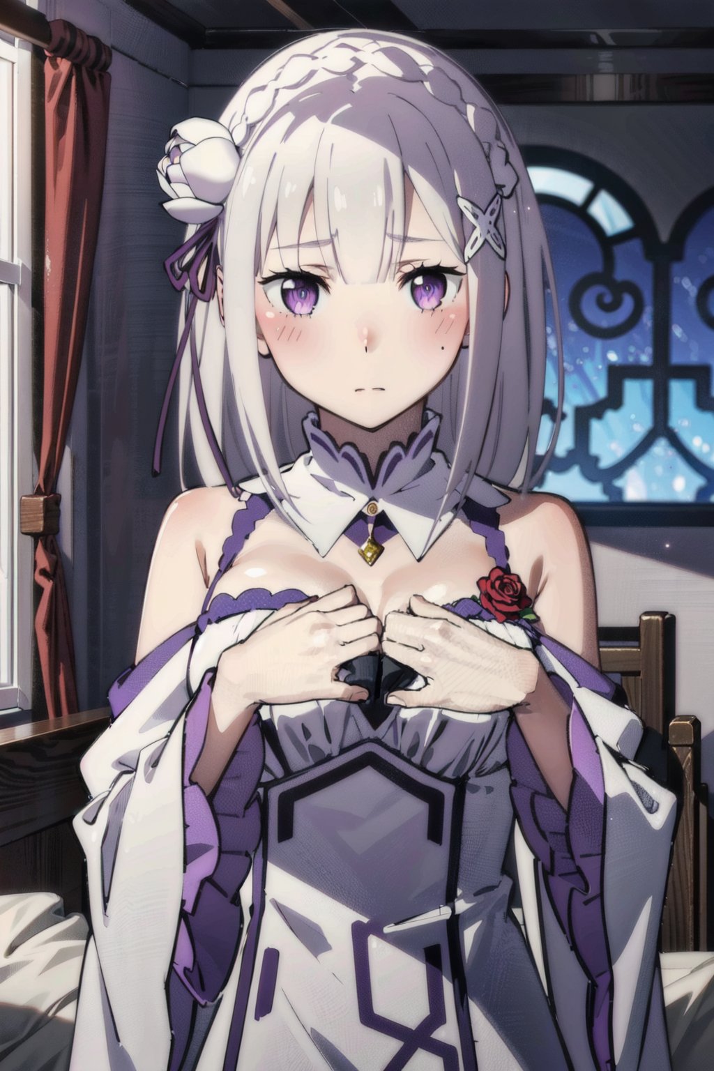 1girl, blushing, looking_at_viewer, bedroom:1.5, white hair, purple eyes, long hair, hair flower, x hair ornament, hair ribbon, white dress, detached collar, wide sleeves, white thighighs, eft_rezero_emilia, good_hands