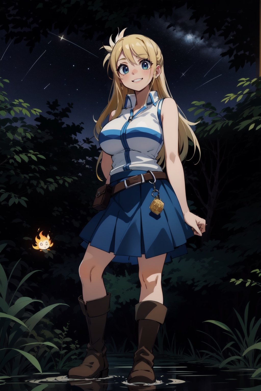 long hair, yellow color. Shy face, Highly detailed, High Quality, Masterpiece, beautiful, in a forest illuminated by the stars, where a lake can be seen behind her and two blazing stars, smiling, big_boobies, ,lucyheartfilia, white shirt, sleeveless, belt, blue skirt, brown boots, looking at viewer, belt,anime