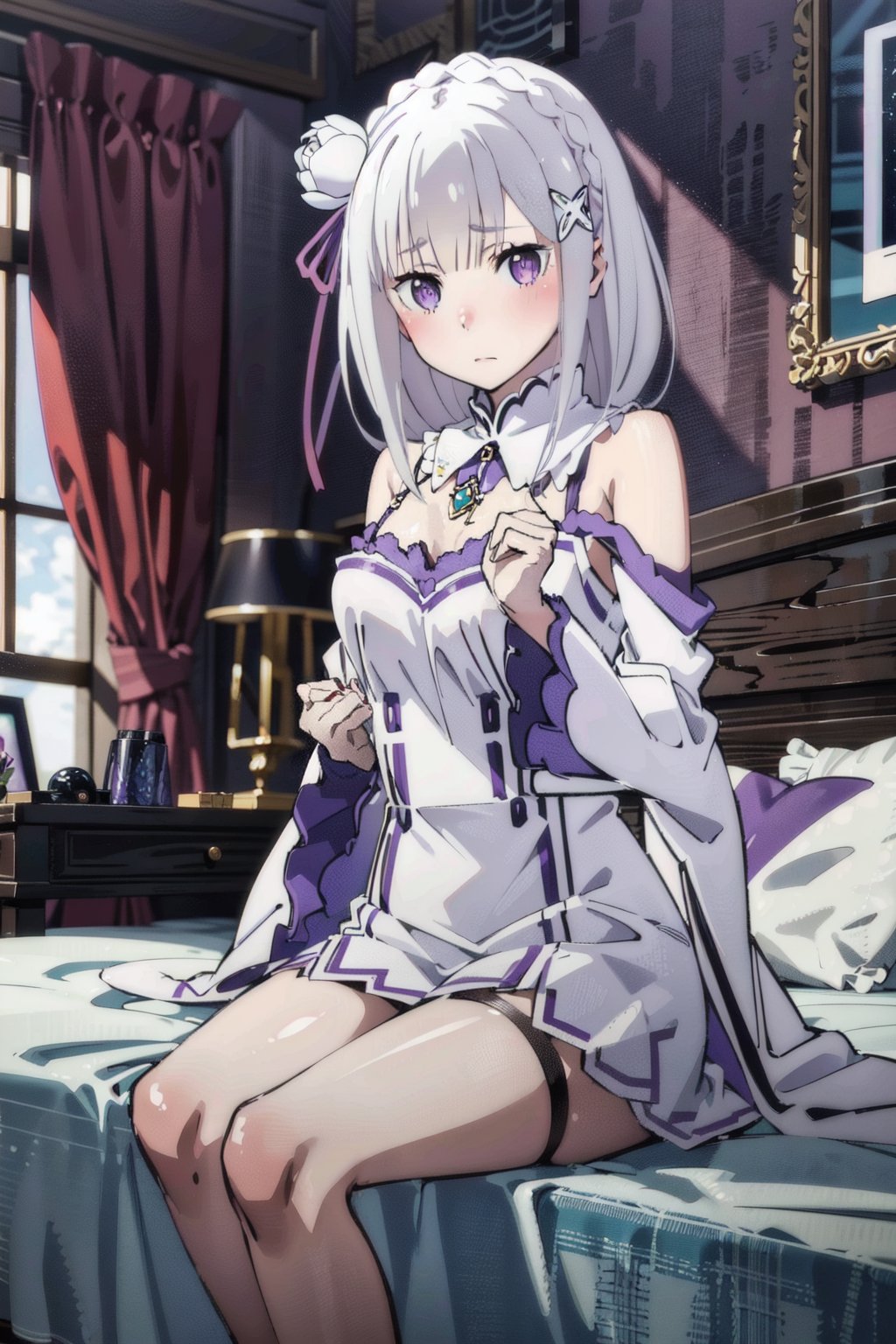 1girl, blushing, looking_at_viewer, bedroom:1.5, white hair, purple eyes, long hair, hair flower, x hair ornament, hair ribbon, white dress, detached collar, wide sleeves, white thighighs, eft_rezero_emilia, good_hands