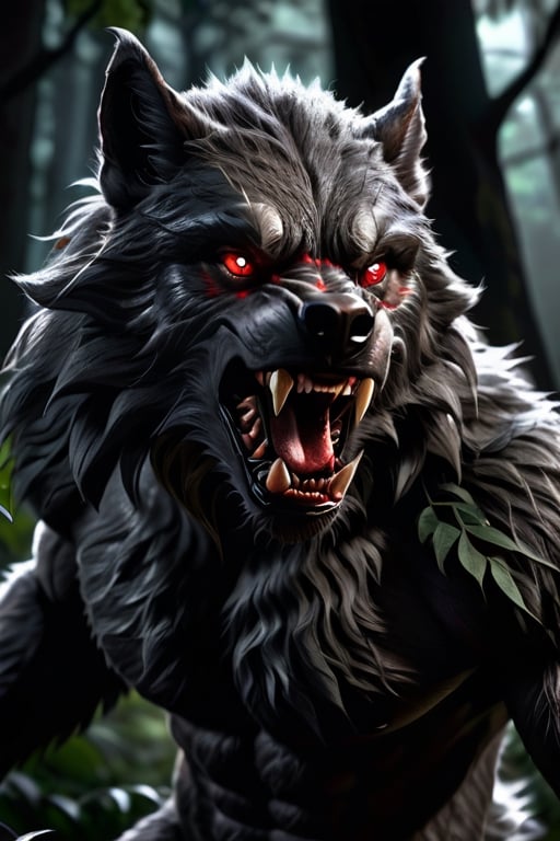  a werewolf man, sharp fangs, red eyes, in the darkness of a leafy forest, trees with claw marks, 16k UHD, extreme realism, ultra quality, maximum detail,REALISTIC