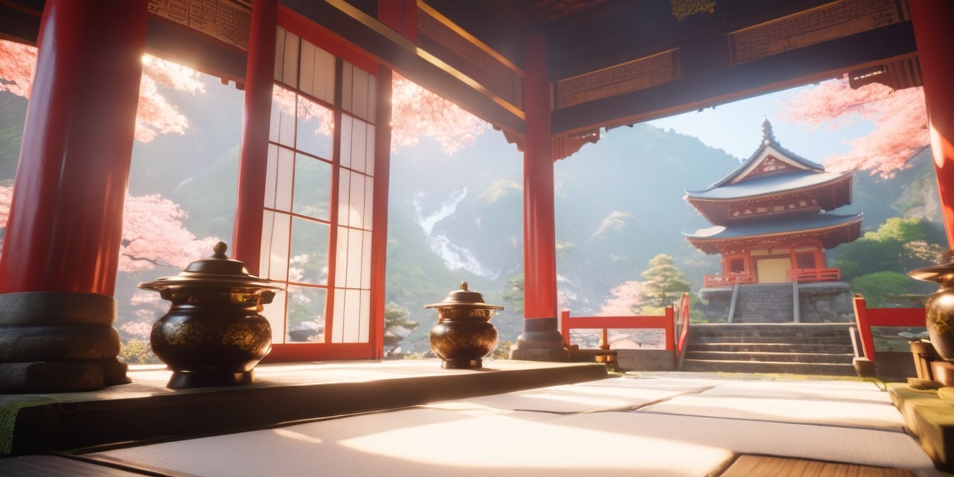 japan, temple, party, beautiful sunlight, amazing details, unreal engine 5, ultra HD, 8k, intricate, masterpiece, manga, scene, no human