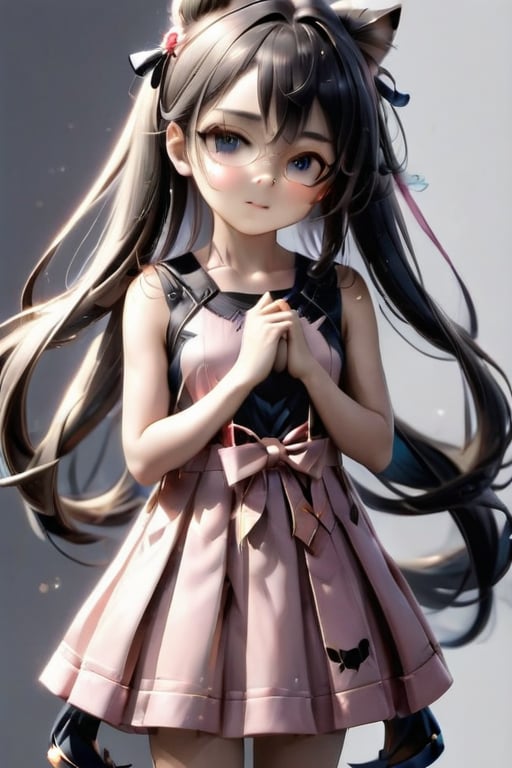 1girl, long hair, blush, black hair, dress, ribbon, twintails, standing, full body, closed eyes, hair ribbon, braid, glasses, sleeveless, artist name, grey background, twin braids, hug, sleeveless dress, animal, cat, child, pink dress, pink ribbon, black-framed eyewear, pink footwear, female child, whiskers