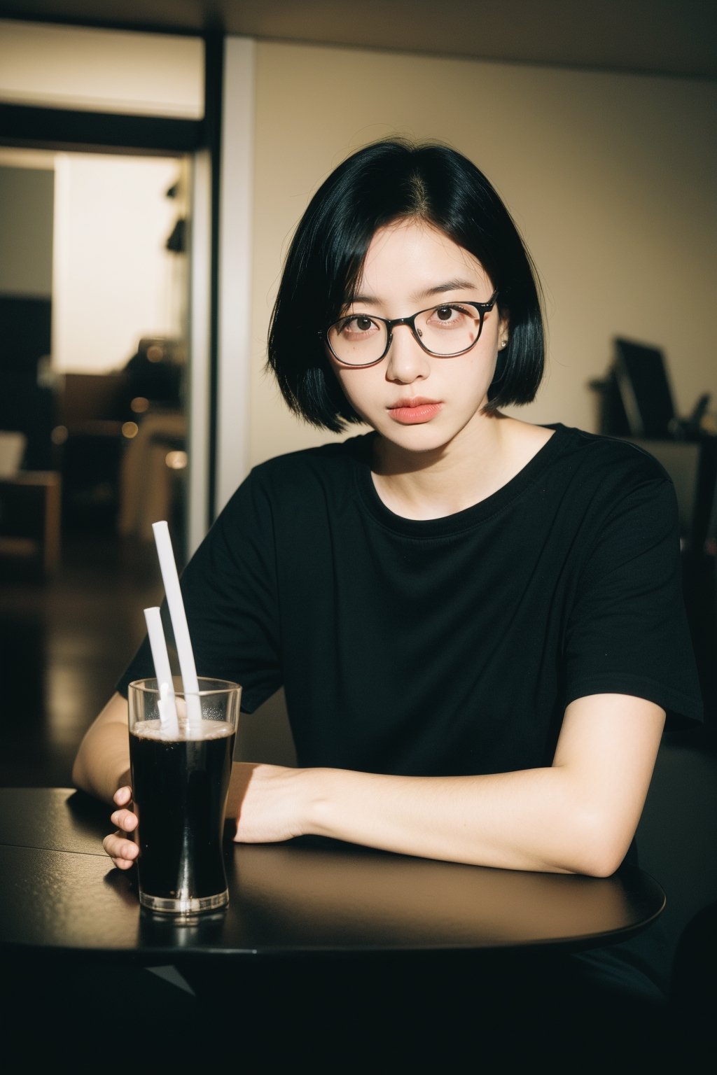 1girl, solo, looking at viewer, short hair, shirt, black hair, holding, sitting, short sleeves, glasses, indoors, black eyes, cup, lips, gun, black shirt, table, drinking glass, realistic