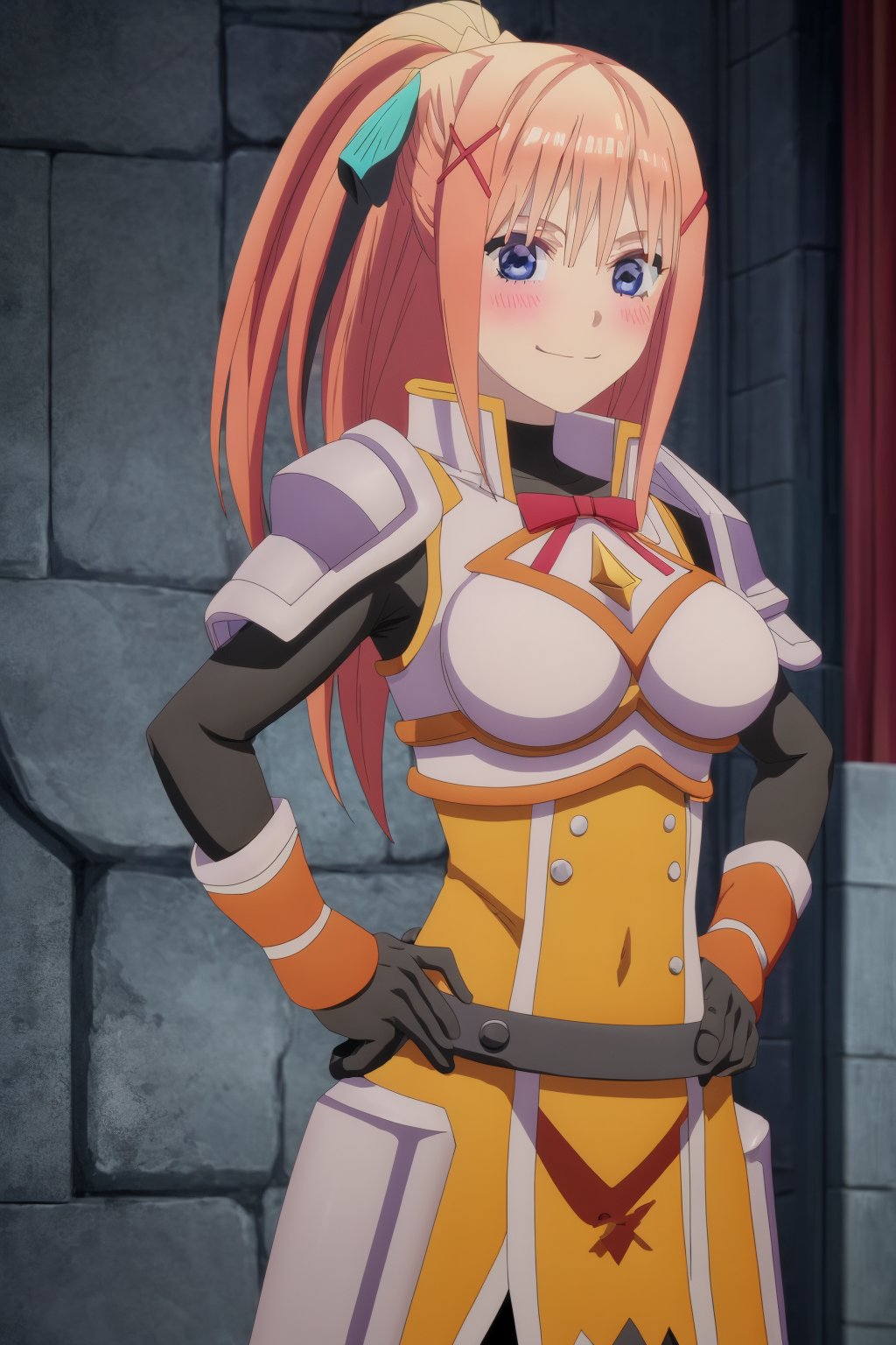 Highly detailed, High quality, Masterpiece, Beautiful, high detailed, Anime, 1girl, solo, pink hair, (cowboy shot), clothes,  hands on hips looking at viewer,long hair, bangs, big breasts, jewelry, smile, closed mouth, blush,hair between, eyes, long hair, (pink hair), masterpiece,best quality,incredibly absurdres,high detail eyes,nino nakano,darkness (konosuba), x hair ornament, hair ornament, gloves, ribbon, ponytail, black gloves, armor, x hair ornament, shoulder armor,pauldrons