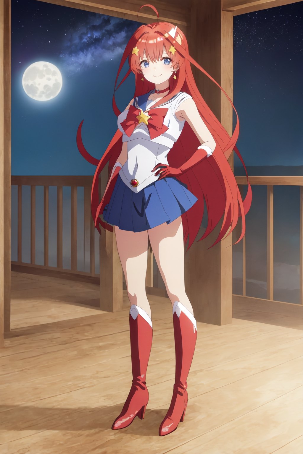 Highly detailed, High quality, Masterpiece, Beautiful, high detailed , Anime, 1girl, solo, red hair, arms at sides, itsuki nakano, hair, long hair, very long hair, miniskirt, choker, bow, crescent earrings, starry sky, knee boots, red choker, white gloves, moon, red bow, sky, magical girl, elbow gloves, star (symbol), closed mouth, earrings, full body, back bow, jewelry, boots, star (sky), sailor senshi uniform, crescent, crescent moon, blue sailor collar, smile, gloves, sailor collar, blue skirt, red footwear, skirt, pleated skirt, bangs, blue eyes, hair between eyes, ahoge, red hair, star \(symbol\), hair ornament, star hair ornament, looking front