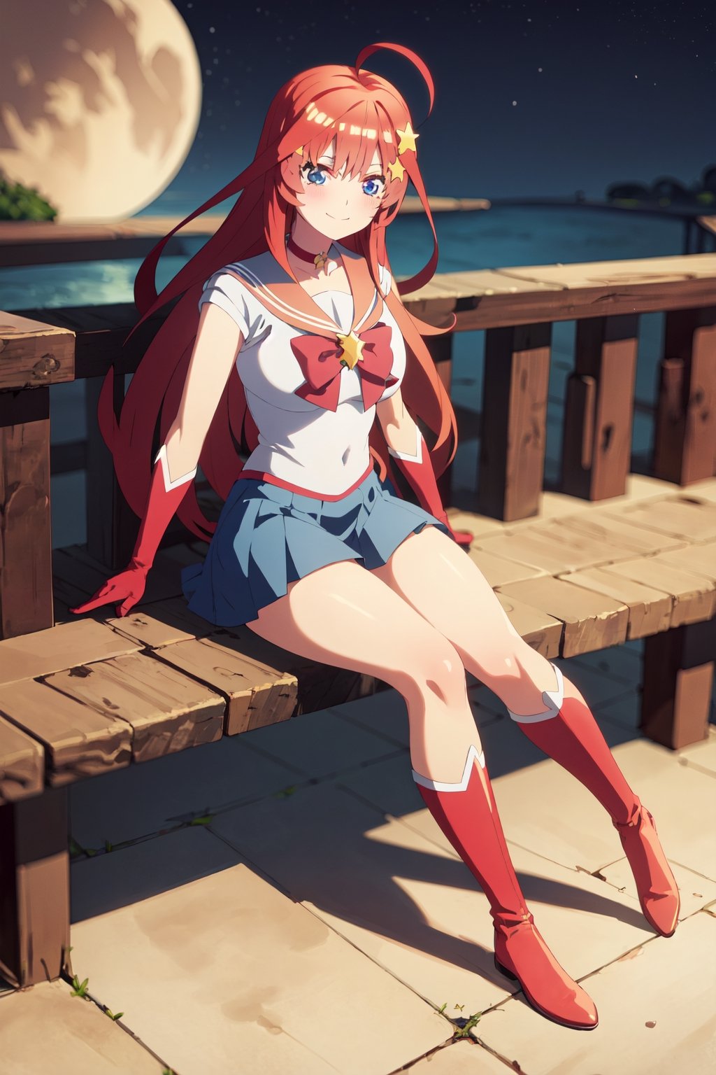 Highly detailed, High quality, Masterpiece, Beautiful, high detailed , Anime, 1girl, solo, red hair, arms at sides, itsuki nakano, hair, long hair, very long hair, miniskirt, choker, bow, crescent earrings, starry sky, knee boots, red choker, white gloves, moon, red bow, sky, magical girl, elbow gloves, star (symbol), closed mouth, earrings, full body, back bow, jewelry, boots, star (sky), sailor senshi uniform, crescent, crescent moon, blue sailor collar, smile, gloves, sailor collar, blue skirt, red footwear, skirt, pleated skirt, bangs, blue eyes, hair between eyes, ahoge, red hair, star \(symbol\), hair ornament, star hair ornament, looking_at_viewer, smile , night_sky, fullmoon, crossed_legs_(sitting)