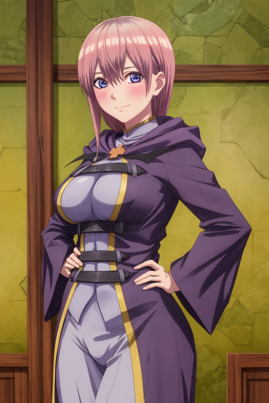 Highly detailed, High quality, Masterpiece, Beautiful, high detailed, Anime, 1girl, solo, pink hair, (cowboy shot), long h bangs ,clothes,  hands on hips looking at viewer,long hair, bangs, big breasts, jewelry, smile, closed mouth, blush,hair between, eyes, long hair, masterpiece,best quality,incredibly absurdres,high detail,ichika nakano, large breasts, robe,long sleeves