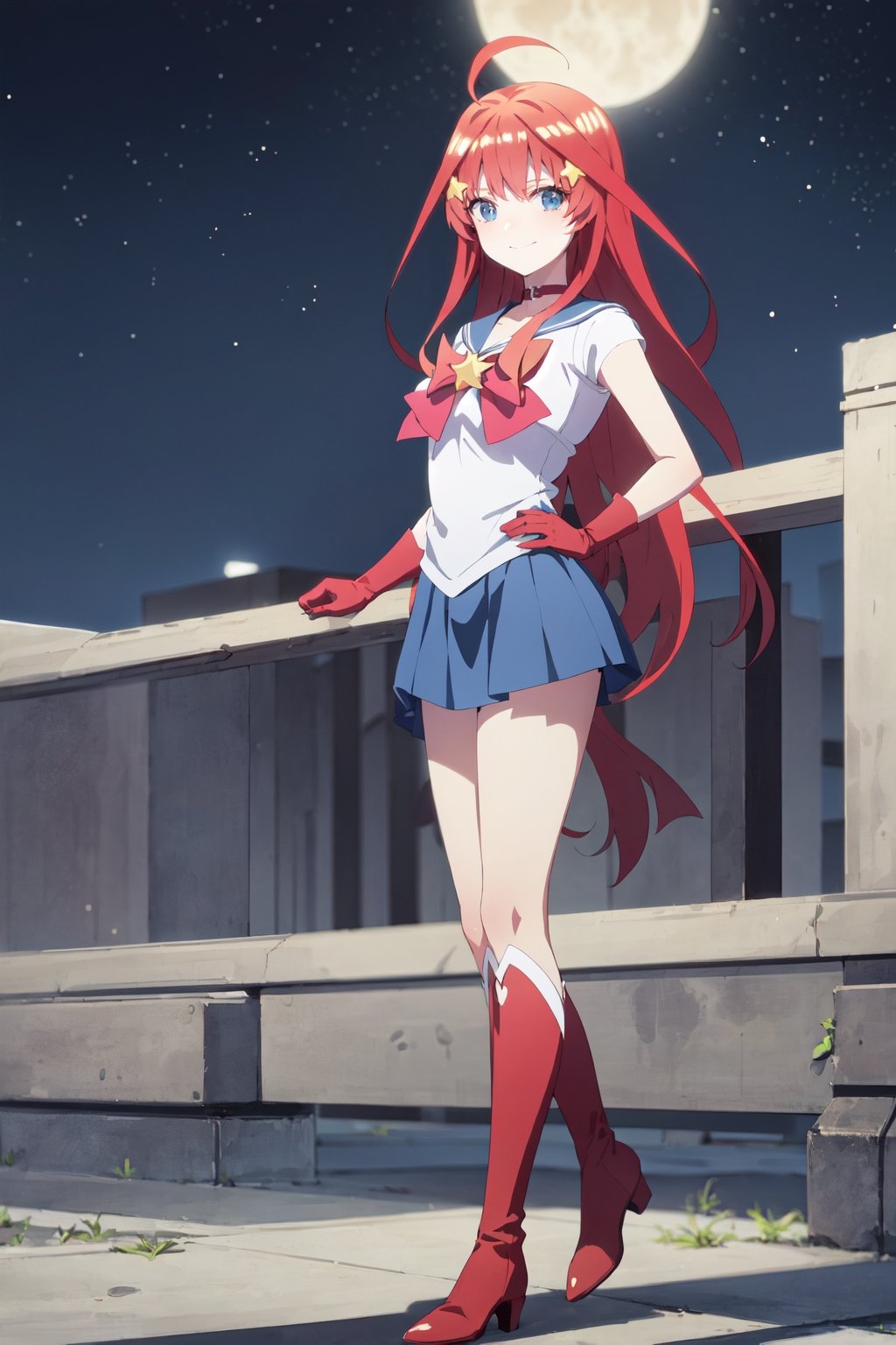 Highly detailed, High quality, Masterpiece, Beautiful, high detailed , Anime, 1girl, solo, red hair, arms at sides, itsuki nakano, hair, long hair, very long hair, miniskirt, choker, bow, crescent earrings, starry sky, knee boots, red choker, white gloves, moon, red bow, sky, magical girl, elbow gloves, star (symbol), closed mouth, earrings, full body, back bow, jewelry, boots, star (sky), sailor senshi uniform, crescent, crescent moon, blue sailor collar, smile, gloves, sailor collar, blue skirt, red footwear, skirt, pleated skirt, bangs, blue eyes, hair between eyes, ahoge, red hair, star \(symbol\), hair ornament, star hair ornament, looking_at_viewer, smile , night_sky, fullmoon