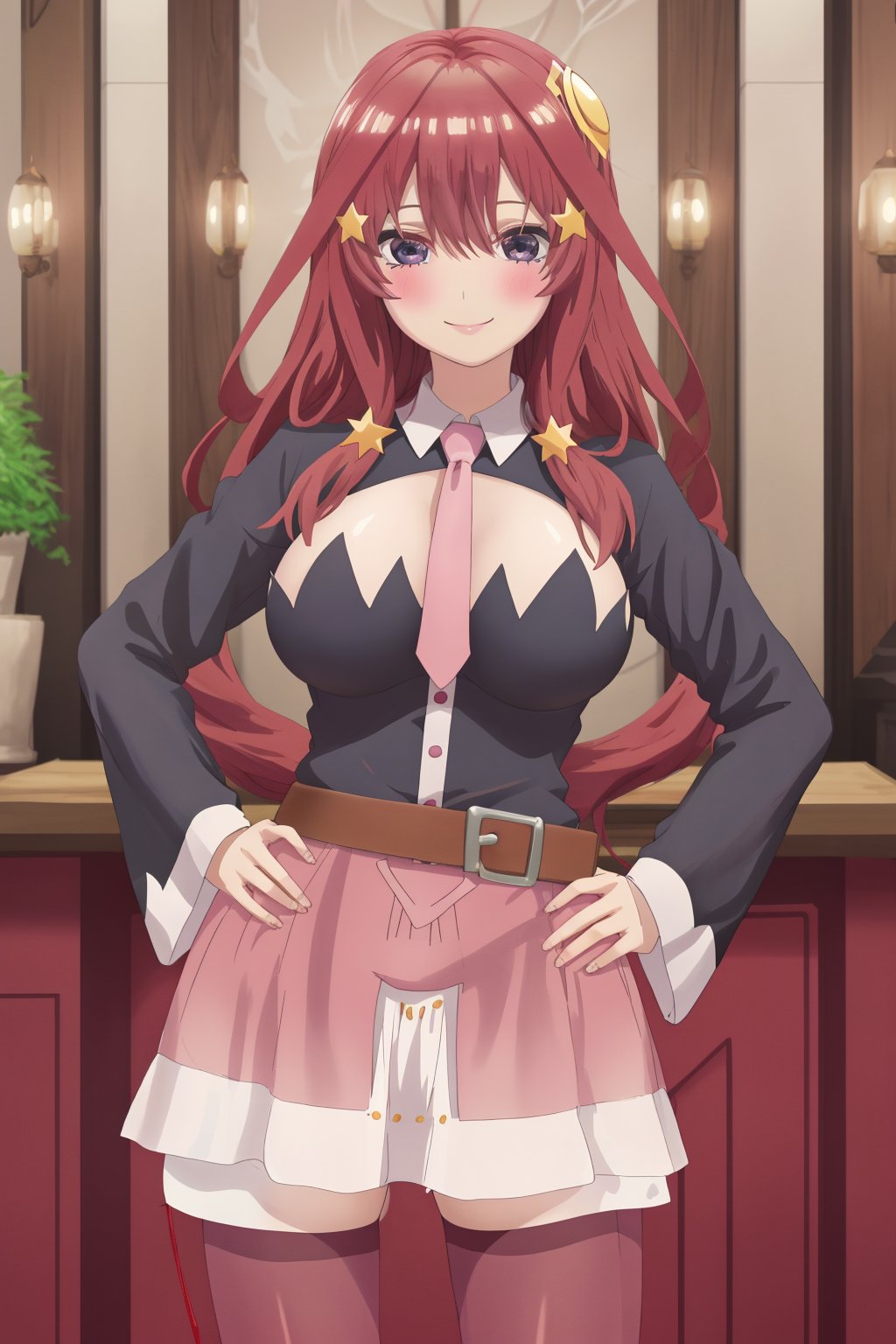 Highly detailed, High quality, Masterpiece, Beautiful, high detailed, Anime, 1girl, solo, red hair, (cowboy shot), long hair, bangs ,star hair ornament, clothes,  hands on hips looking at viewer,long hair, bangs, big breasts, jewelry, smile, closed mouth, blush,hair between, eyes, long hair, masterpiece,best quality,incredibly absurdres,high detail ,itsuki nakano,yunyun1, thighhighs, skirt, pink necktie, large breasts, belt,  long sleeves