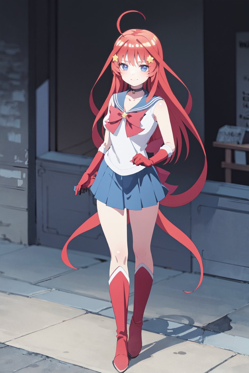 Highly detailed, High quality, Masterpiece, Beautiful, high detailed , Anime, 1girl, solo, red hair, arms at sides, itsuki nakano, hair, long hair, very long hair, miniskirt, choker, bow, crescent earrings, starry sky, knee boots, red choker, white gloves, moon, red bow, sky, magical girl, elbow gloves, star (symbol), closed mouth, earrings, full body, back bow, jewelry, boots, star (sky), sailor senshi uniform, crescent, crescent moon, blue sailor collar, smile, gloves, sailor collar, blue skirt, red footwear, skirt, pleated skirt, bangs, blue eyes, hair between eyes, ahoge, red hair, star \(symbol\), hair ornament, star hair ornament, looking_at_viewer 