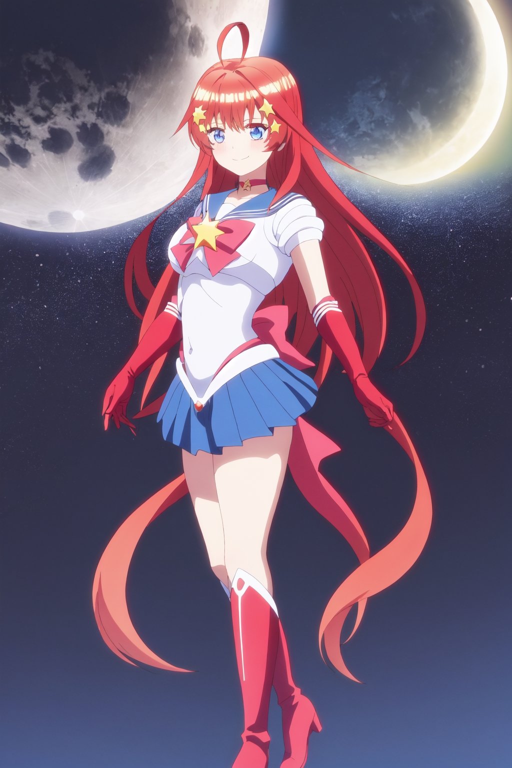 Highly detailed, High quality, Masterpiece, Beautiful, high detailed , Anime, 1girl, solo, red hair, arms at sides, itsuki nakano, hair, long hair, very long hair, miniskirt, choker, bow, crescent earrings, starry sky, knee boots, red choker, white gloves, moon, red bow, sky, magical girl, elbow gloves, star (symbol), closed mouth, earrings, full body, back bow, jewelry, boots, star (sky), sailor senshi uniform, crescent, crescent moon, blue sailor collar, smile, gloves, sailor collar, blue skirt, red footwear, skirt, pleated skirt, bangs, blue eyes, hair between eyes, ahoge, red hair, star \(symbol\), hair ornament, star hair ornament, looking front