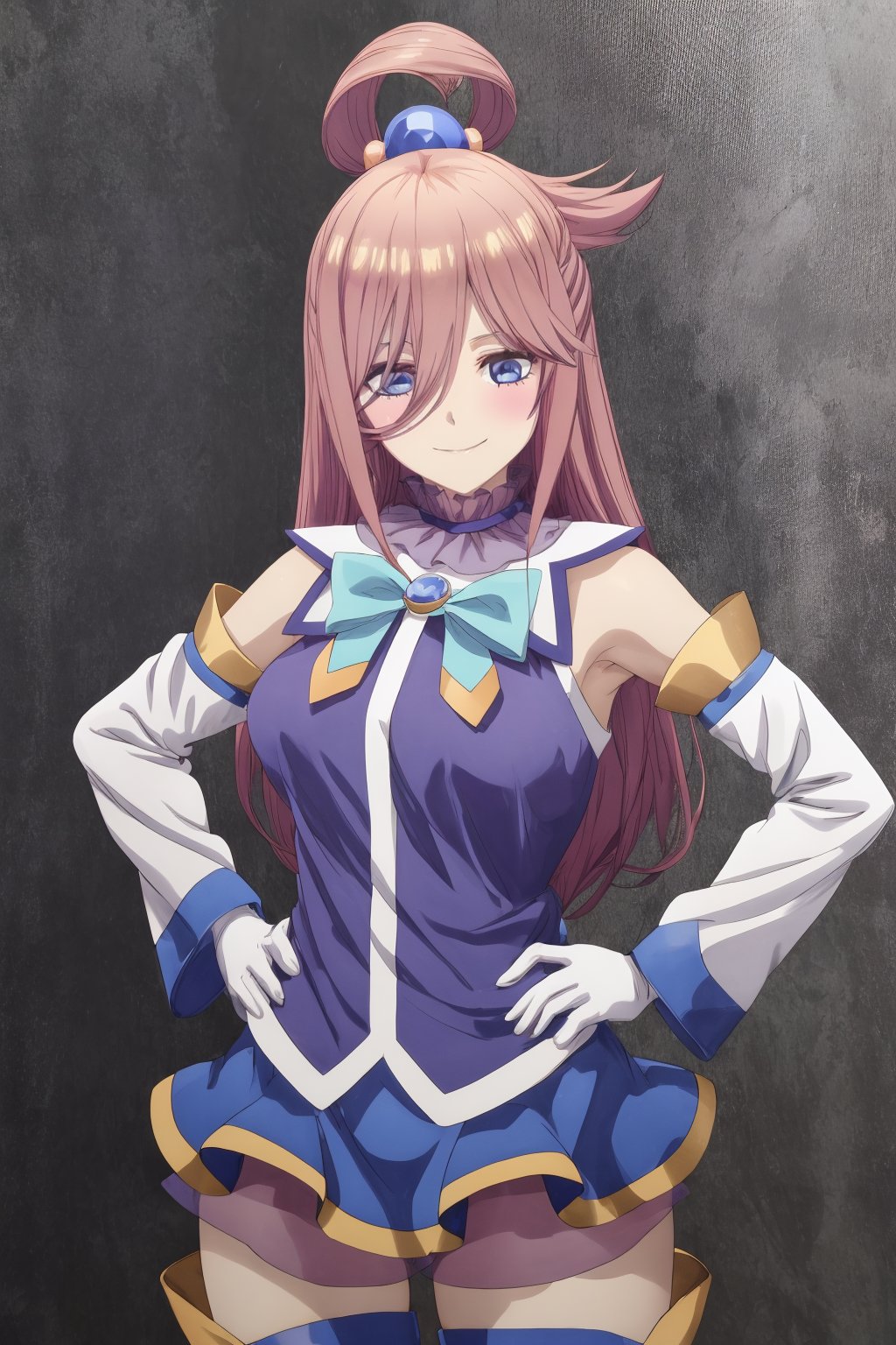 Highly detailed, High quality, Masterpiece, Beautiful, high detailed, Anime, 1girl, solo, (cowboy shot), clothes,  hands on hips looking at viewer,long hair, bangs, big breasts, jewelry, smile, closed mouth, blush,hair betweeneyes, long hair, brown hair, hair rings,hair ornament, circlet,choker, red bow, white gloves,elbow gloves, blue skirt,red boots ,miku nakano,AquaKnsb-KJ,thighhighs,blue shirt, detached sleeves,thigh boots,AQUA, LONG HAIR, BLUE EYES, HAIR ORNAMEN,aaaqua,, choker, bare shoulders,green bow, blue shirt, thighhighs,masterpiece,best quality,incredibly absurdres,high detail eyes