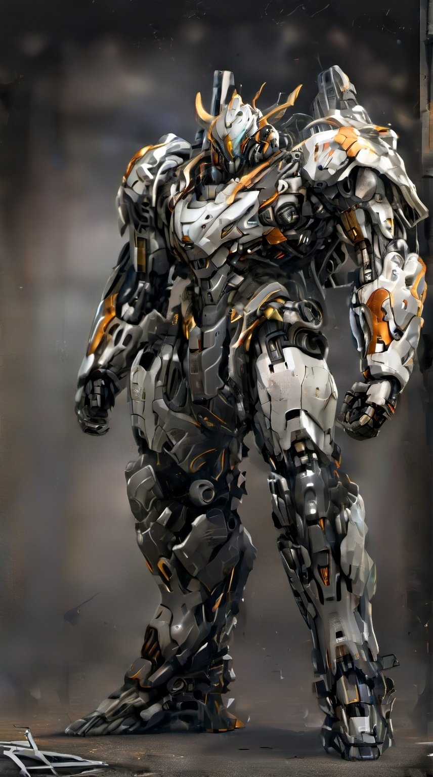 //Stayle
brush(medium), steam punk, (Alphonse Mucha:1.3), Create an image of a futuristic robot in a dystopian setting, full body wide image,

//quality
ultra hires, ultra detailed, ultra realistic, ultra quality, magic realism, 8k wallpapers, concept art,


//Character 
1 bipedal mech, the mech is black and gold in color, round head and a triangular visor, head is small, The head is integrated with the upper front of the mechanical torso to the middle of the front, no neck, body is a black oval-shaped box, the box is connected to the mech’s head and shoulders, the box has an orange line on the front, the line separates the mech’s chest and abdomen, the box has an orange circular part on the side, the part separates the mech’s waist and abdomen, 
BREAK

The mech’s shoulders are dark gray egg-shaped parts, the parts are attached to the upper part of the mech’s body sideways, the parts are wider than the mech’s body, the parts have arms at both ends, the arms have white spherical joints at the base, the joints have white forearms at the bottom, the forearms are thin and long, small hands at the wrists, The legs have orange knee pads and white shins, the knee pads are round and plump, the shins are thick and short, small feet at the ankles,
BREAK

//Lighting 
cinematic lighting, (HDR1:3),

//Background 
mecha in a cursed town where the dead won't stay dead, rototech, gas light stands, open in internet explorer, steampunk town background, old European castle DemonQueen,Destruction The provided theme is a nonapplicable one, as it relates to  Destruction and the given words are themeful for a peaceful, beautiful scene obeying the theme of destruction, Erodedlandscape, Brokenglass, Collapsingbuildings, Dmmdystopia,Dragon

//Extra
Gloasy skin , TR mecha style,Dragon ,(( metal black gold color,)) ,glowing light on joint,neon light on joint,big hammer as weapon,cow horn ,
,more detail XL