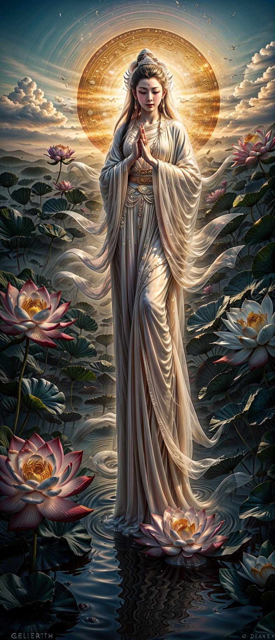 photorealistic, high resolution, 1girl, photo of one of the most well-known figures in Chinese mythology and religion, Guanyin (觀音) is the goddess of mercy and compassion,A colourful lotus pond in the background,
 Guanyin is most commonly depicted as a woman in white robes,Pray with both hands. ((Full body Ethereal, Ethereal and Delicate Artwork)), vibrant colors, contrasting shadows, aura_glowing, colored_aura, transparent_clothing,guanyin