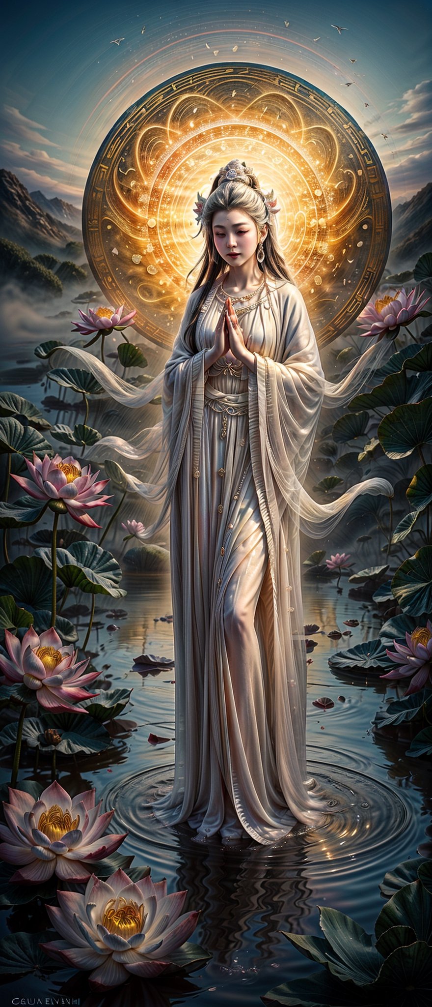 photorealistic, high resolution, 1girl, photo of one of the most well-known figures in Chinese mythology and religion, Guanyin (觀音) is the goddess of mercy and compassion,A colourful lotus pond in the background,
 Guanyin is most commonly depicted as a woman in white robes,Pray with both hands. ((Full body Ethereal, Ethereal and Delicate Artwork)), vibrant colors, contrasting shadows, aura_glowing, colored_aura, transparent_clothing,guanyin