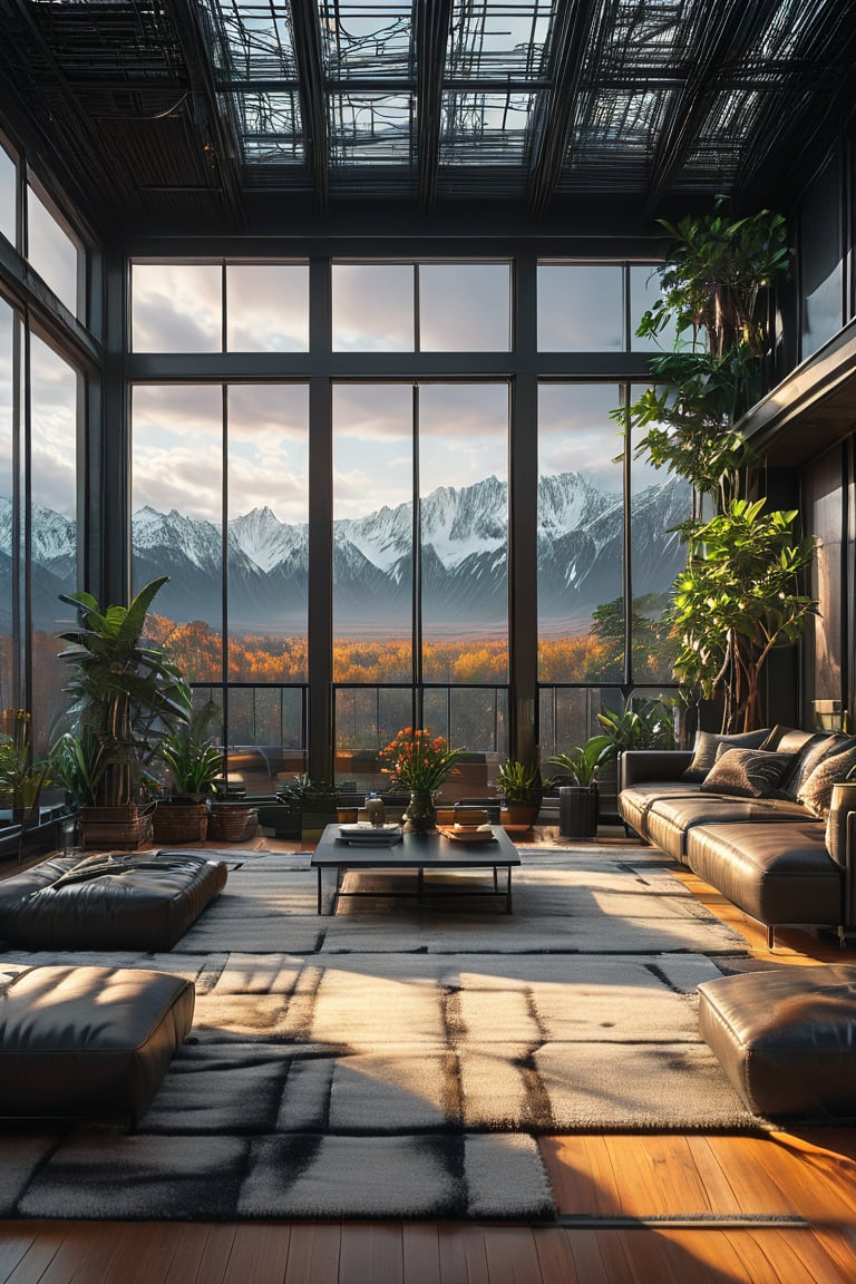 A futuristic POV shot frames a stunning black wireframe of a cozy living room, with a fuzzy background that blends into the atmosphere. Highly detailed and ultra-high resolution (32K UHD), this 3D masterpiece showcases impeccable texture and clarity, as if the viewer is standing right inside the scene.