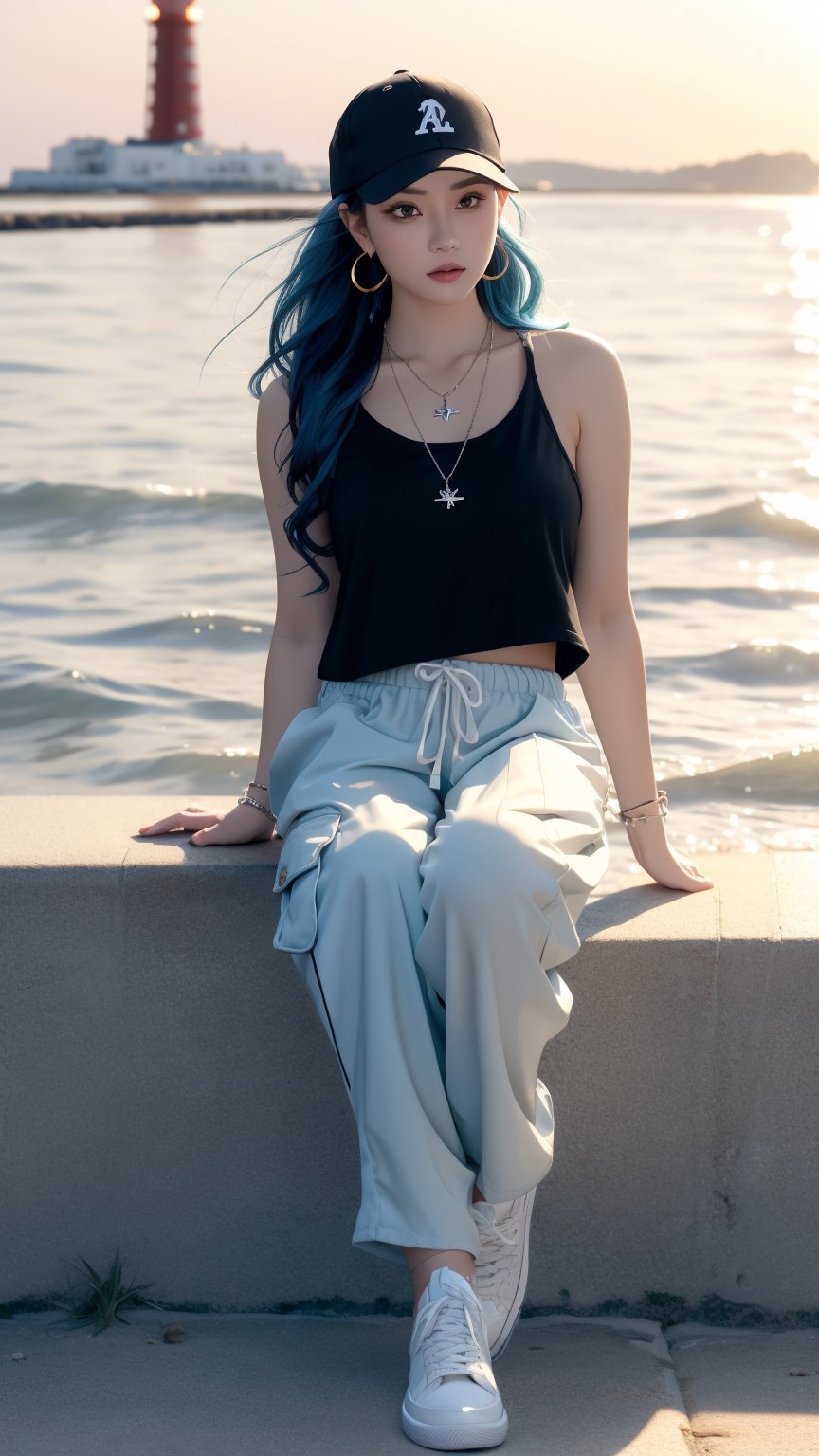 French girl,blue gradient hair(very long hair, curly_hair),long ponytail,hiphop dancer,wearing all black clothes (loose fit top and wide cargo pants),sneakers,accessories(necklace,ear_rings)baseball cap, sitting at sea bank,horizon,seaside,vivid sea color,red lighthouse,sunset,Best Quality, 32k, photorealistic, ultra-detailed, finely detailed, high resolution, perfect dynamic composition, beautiful detailed eyes, sharp-focus, cowboy_shot, ,European girl