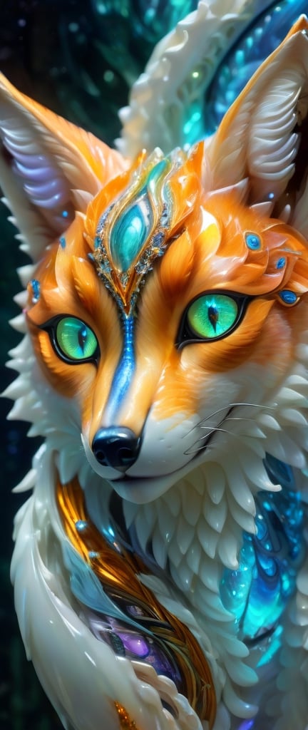 Photo of a beautiful majolica fox with translucent scales emitting glowing cosmic energy and radiance with glowing fractal glass elements, awe inspiring sense of beauty, flawless masterpiece, UHD,  hyperdetailed face,  hyperdetailed eyes, bacteria art style, galaxy, looking at mirror, 35mm digital photograph ,huayu,Magical Fantasy style