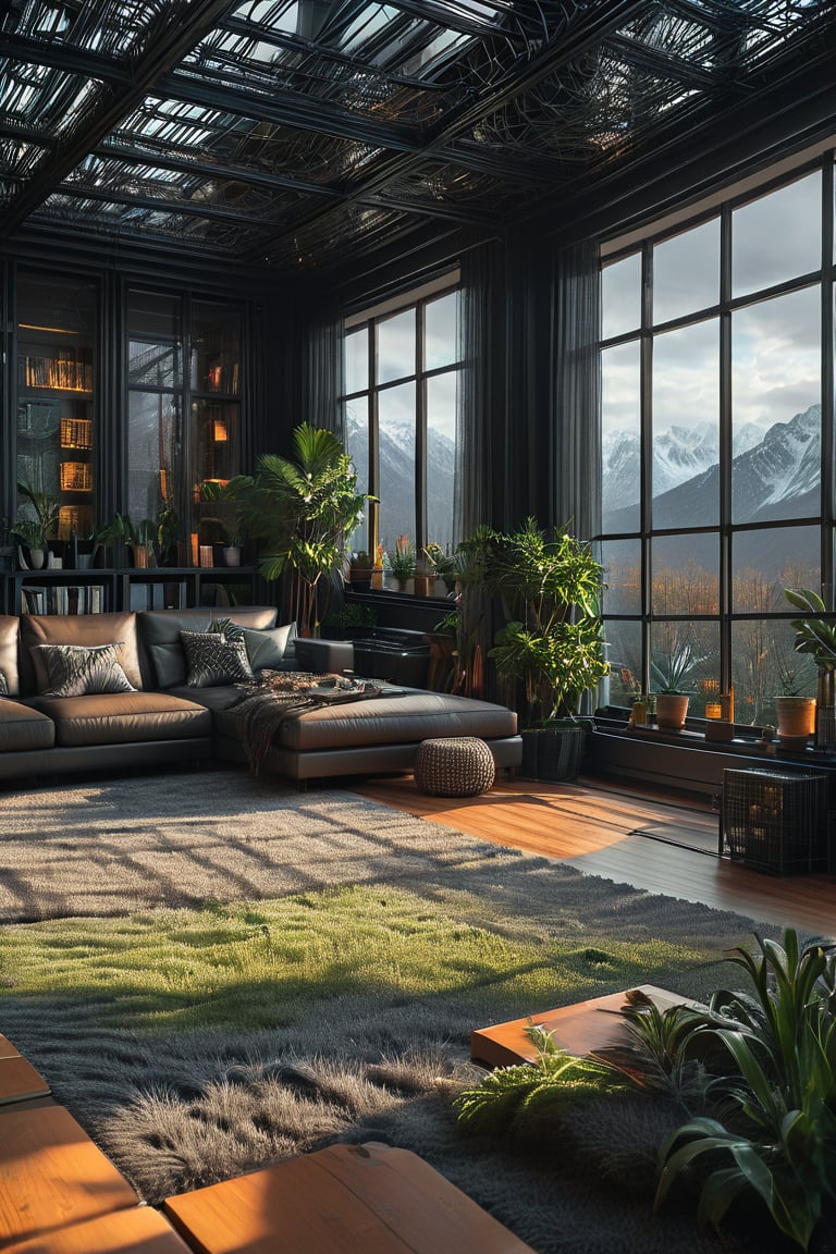 A futuristic POV shot frames a stunning black wireframe of a cozy living room, with a fuzzy background that blends into the atmosphere. Highly detailed and ultra-high resolution (32K UHD), this 3D masterpiece showcases impeccable texture and clarity, as if the viewer is standing right inside the scene.