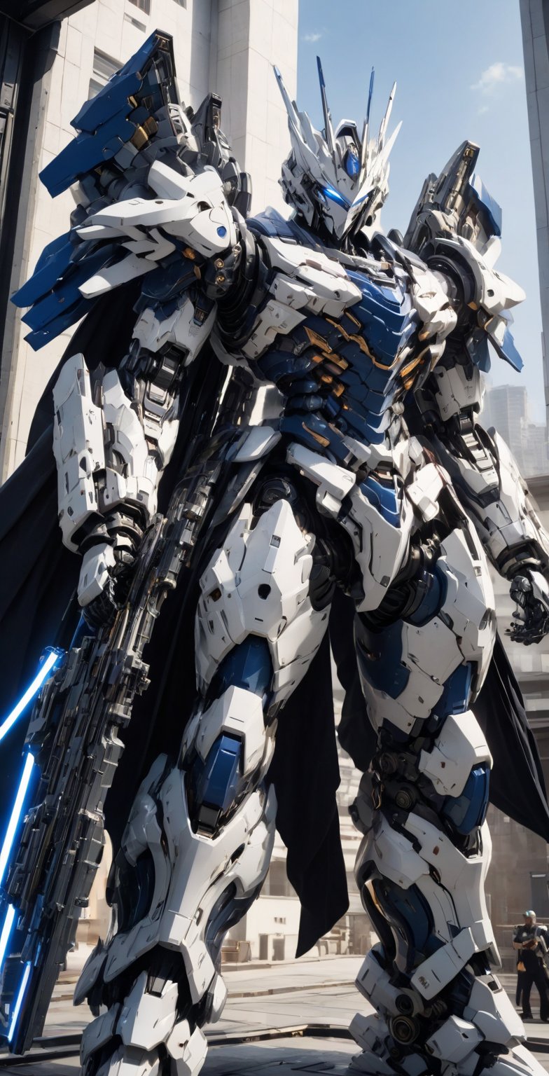 solo, standing, weapon, no humans, robot, Blue and white armoured body with dark blue line border, giant cannon turret, laser beam saber.mecha, science fiction, looking ahead, open hands,Building optimization