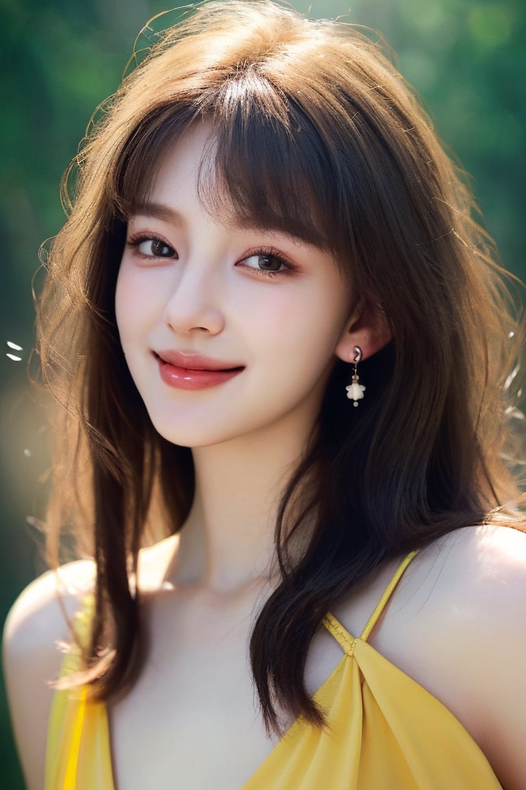 Camera Positions,Beautiful and delicate light, (beautiful and delicate eyes), very detailed, pale skin, big smile, (long hair), dreamy, big soft  chest, female 1, ((front shot)), bangs, soft expression, height 170, elegant, Bright smile, 8k art photo, realistic concept art, realistic, portrait, small necklace, small earrings, fantasy, jewelry, shyness, dreamy soft image, masterpiece, ultra-high definition, yellow dress,Strong Backlit Particles,z1l4,3va