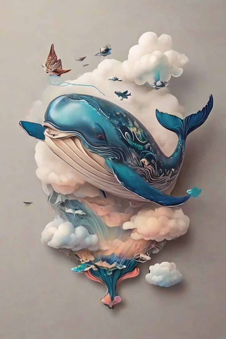  Create a big whale, suspended in the air, in the sky, between clouds, the clouds ,sticker,fluttershysaidsyayyy,T-shirt design,tshirt design,in style of tr4dt4t,TSHIRT DESIGN, traditional tattoo,illustration,darktattoo,Stickers,3D Render Style,style,cutegirlmix,BugCraft