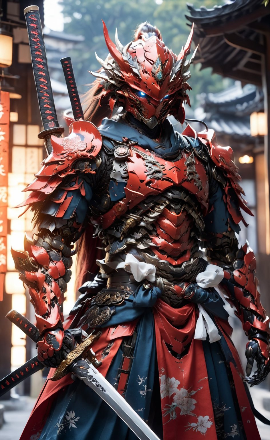 solo, holding, weapon, japanese clothes, sword, kimono, holding weapon,red armor, blurry, blurry background, glowing, holding sword, katana, helmet, (((white robot,))) blue led eye,sheath, sheathed, japanese armor, samurai,Chinese dragon aura