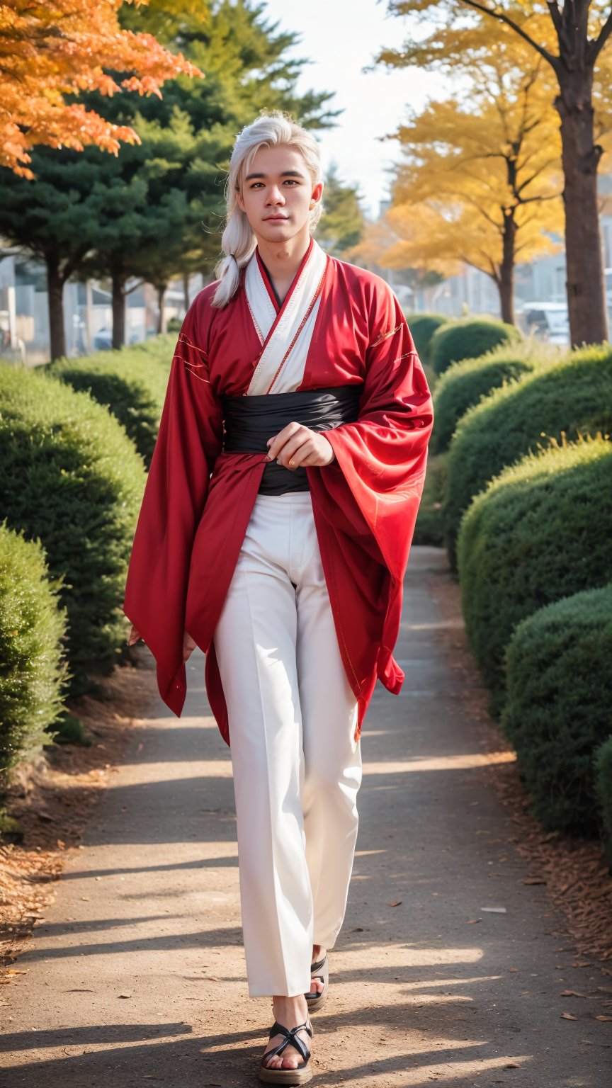 Imagine the following scene:

Realistic photo of a handsome man. Full body photograph. Wearing futuristic kimono, transparent plastic kimono.

He is walking in a cherry forest. He has a beautiful open fan in his hand. blurred background.

The man is from Japan. 20 years old, masculine, full and red lips, long eyelashes, blush. muscular, very clear and bright eyes, big eyes. Angular face. Big and voluptuous crotch. Long hair in a ponytail, ((white hair)).

Full body shot. Walking.

High realism aesthetic photography, RAW photography, 16K, real photography, best quality, high resolution, masterpiece, HD, perfect proportions, ((perfect hands))