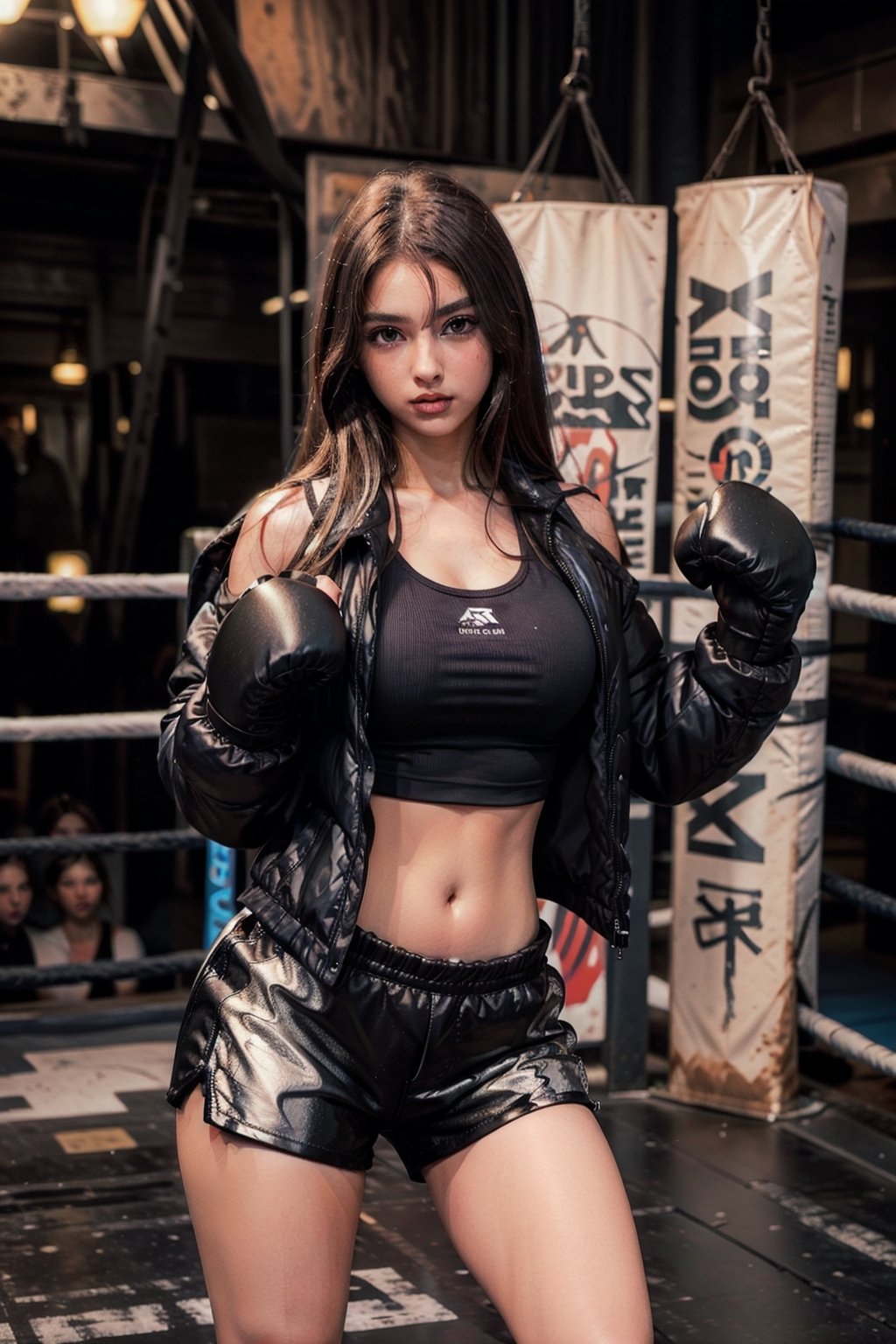 1girl, solo, long brown hair, tank top, midriff, shorts, boxing gloves, dynamic pose, fighting ring, photoreal ai girl,3va,perfecteyes eyes,oversized_puffer_jacket