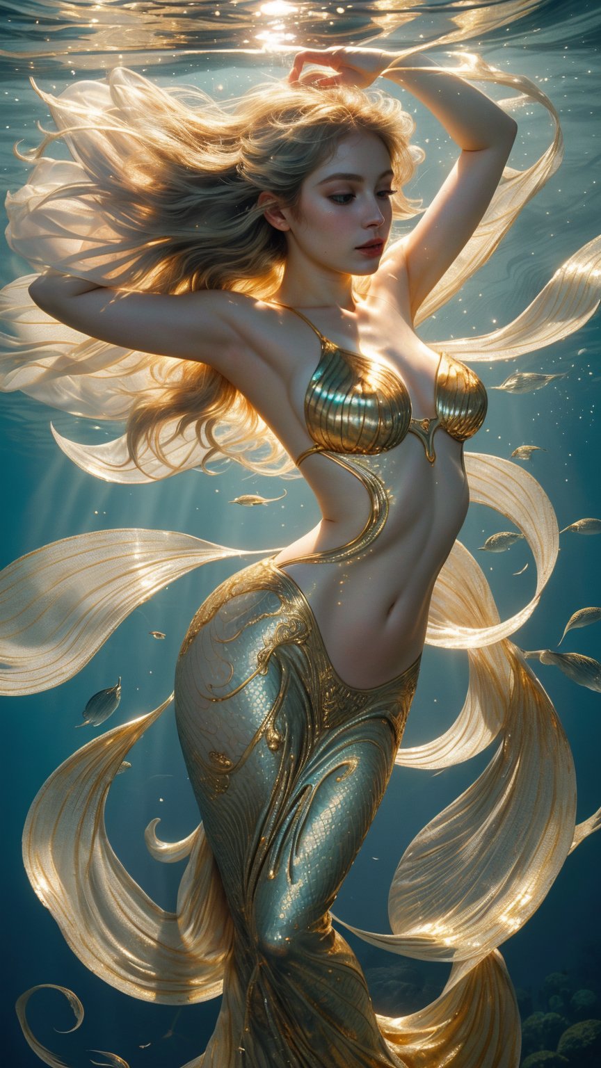 In this captivating underwater scene, a radiant mermaid emerges from worn parchment pages, her shimmering scales aglow in warm golden light. The fish-eye lens distorts the mystical atmosphere, rippling like ocean waves as she breaks free from book constraints. She poses with playful abandon: tail fluke fluttering like a fan, blue eyes sparkling with mischief. Soft focus on her features, with subtle texture and highlights that seem to shift like ripples on water. Her pale skin glistens with an ethereal glow, as if kissed by the golden light.,nami \(one piece\)